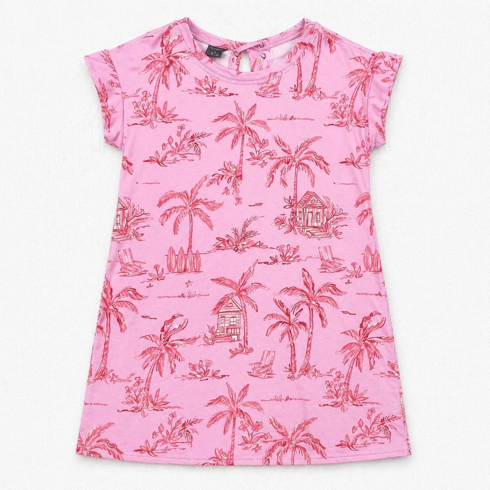 T by Talbots Pink Tropical Palm Tree UPF 50+ Lace Up Back Dress Large Petite LP